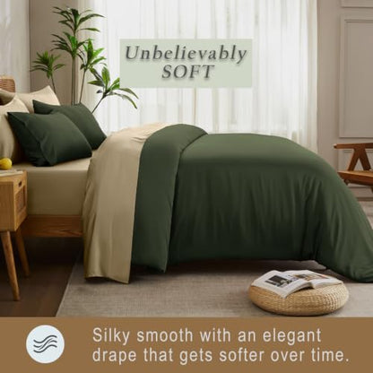 TOSMO Luxury Bamboo Duvet Cover Set Queen Olive 3-Piece
