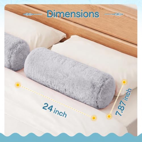 Grey Faux Fur Body Pillow Bolster Set 24x7.87 Inches for Couch & Bed