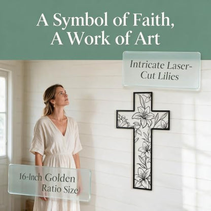 Floral Cross Wall Art Decor with Lily Design, Metal Religious Artwork