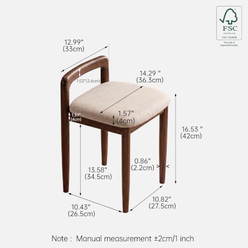 Vanity Stool Oak Wood with Walnut-White Finish — Solid Oak Home Vanity Chair, 14.29 W x 14.56 D x 20.67 H (Variation: Walnut-White)