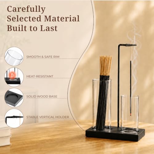 Incense Holder with Glass Ash Catcher and Wooden Base - Home Decor