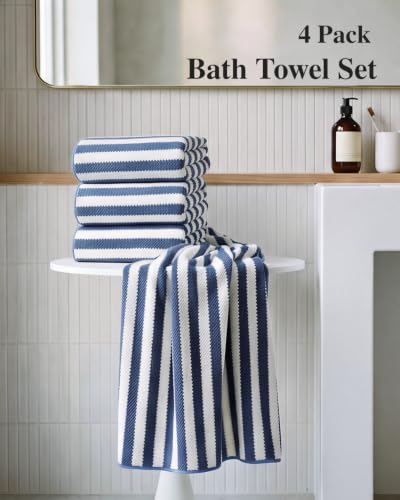 Navy Blue 4 Piece Large Bath Towels Set - 30x60 Inch Striped Microfiber