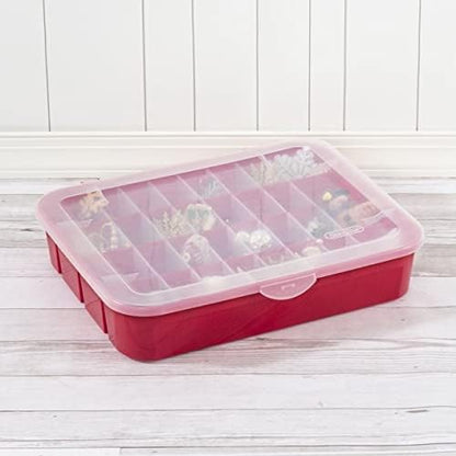 Sterilite Red Holiday Ornament Storage Container - Adjustable Organizer Case for 32 Ornaments