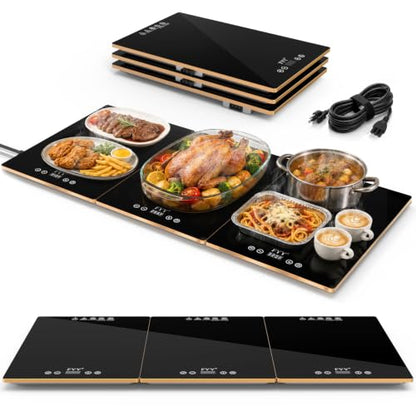 FYY Electric Warming Tray 3-Panel Food Warmer Black & Gold 32.76" x 15.6"