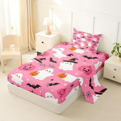 Pink Deep Pocket Twin Bed Sheets Set with Ghost Pumpkin Design, 3 Pieces
