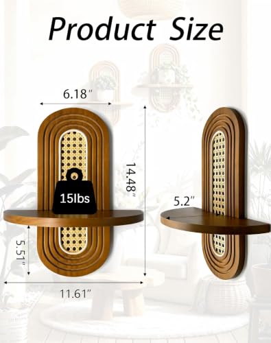 Walnut Boho Rattan Floating Wall Shelf - Mid-Century Plant Display