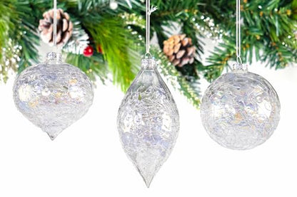 12 Assorted Iridescent Crackle Glass Christmas Ornaments Set - Tree Decorations