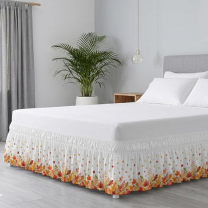 Fall Maple Leaves Bed Skirt Queen Size 16 Inch Drop Wrap Around Autumn Bedding - White, Terracotta, Pumpkin, Burnt Orange