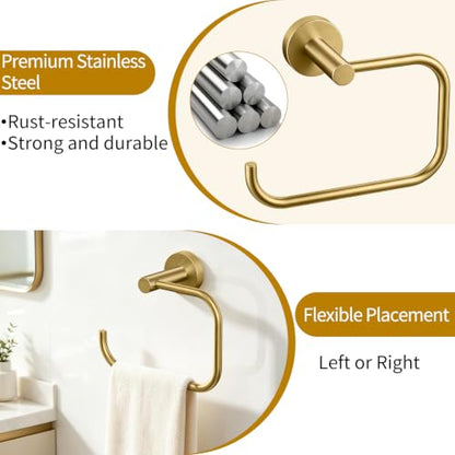 Hand Towel Holder with 180° Swivel Square Ring - Gold