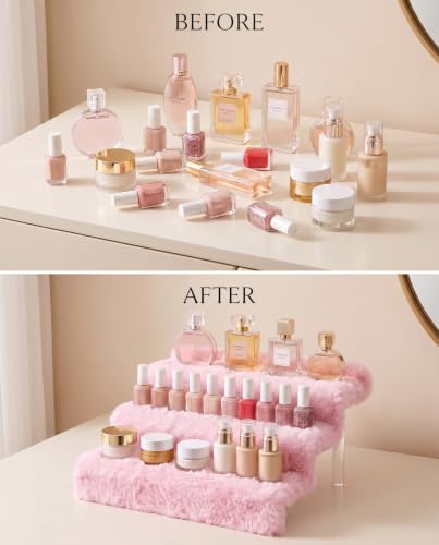 Blush Pink 12IN Plush Perfume Display Stand with 3 Tiers and Faux Fur Texture