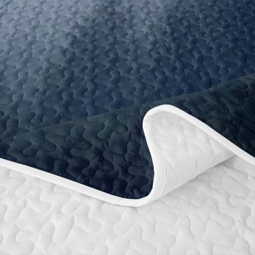 Queen Quilt Set with Pillowcases - Misty Pine Forest Nature Themed Bedding - Dark Blue Gray