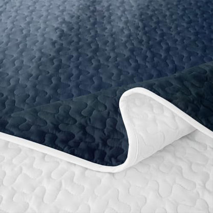 Queen Quilt Set with Pillowcases - Misty Pine Forest Nature Themed Bedding - Dark Blue Gray