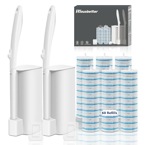 Disposable Toilet Brush Set with 60 Refills Wall Mount or Stand Bathroom Cleaning Kit