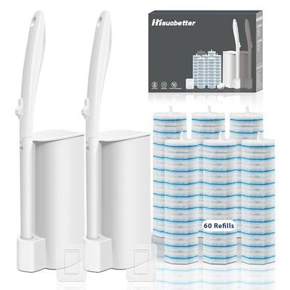 Disposable Toilet Brush Set with 60 Refills Wall Mount or Stand Bathroom Cleaning Kit