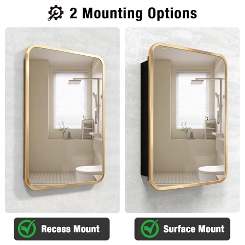 Rectangle Bathroom Medicine Cabinet with Mirror, Recessed or Surface Mount, Aluminum Frame, 25 Inch Height