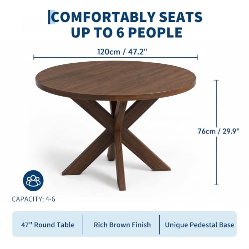 47-Inch Round Dining Table for 4-6 People with Walnut Finish, Wood Pedestal Base