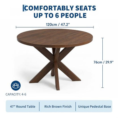 47-Inch Round Dining Table for 4-6 People with Walnut Finish, Wood Pedestal Base