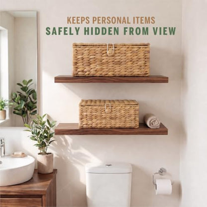 Water Hyacinth Wicker Storage Baskets with Lids - Set of 2 Decorative Boxes