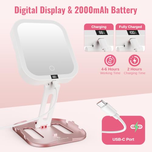 Foldable Travel Makeup Mirror with Lights 10X/1X Magnification USB-C