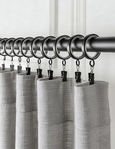24 Pack Black Curtain Rings with Clips - 1-5/8 Inch Slim Fit, Noiseless Glide