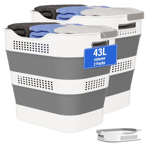 Grey Collapsible Laundry Basket 43L+43L Plastic Storage Bin 2 Pack