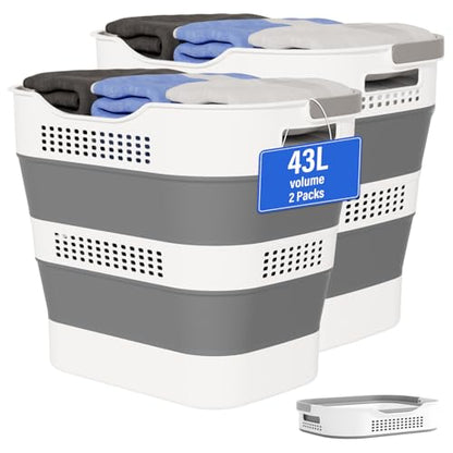 Grey Collapsible Laundry Basket 43L+43L Plastic Storage Bin 2 Pack