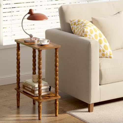 Brown Narrow 2-Tier Side Table with Solid Wood Legs - Small End Table