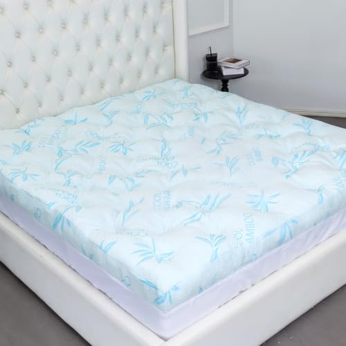 Queen Blue Memory Foam Mattress Topper with Cooling Bamboo Cover - 4 Inch
