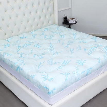 Queen Blue Memory Foam Mattress Topper with Cooling Bamboo Cover - 4 Inch