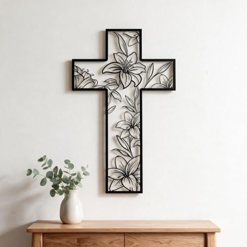 Floral Cross Wall Art Decor with Lily Design, Metal Religious Artwork