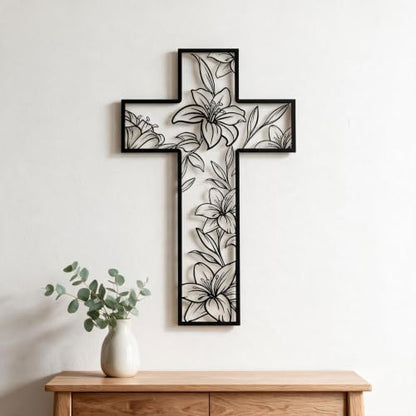 Floral Cross Wall Art Decor with Lily Design, Metal Religious Artwork