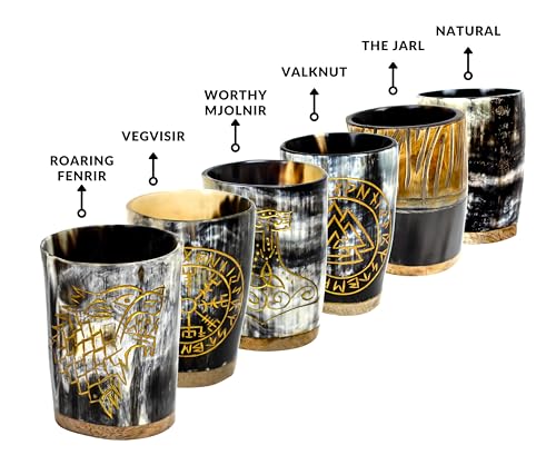 Viking Drinking Horn Shot Glasses Set of 6 with Engraving VEGVASIR VALKNUT WOLF MJOLNIR JARL Natural