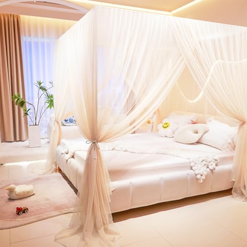 Princess Canopy Bed Curtains Mosquito Net for Single & Queen Beds - Cozy Drape Netting with 4 Openings