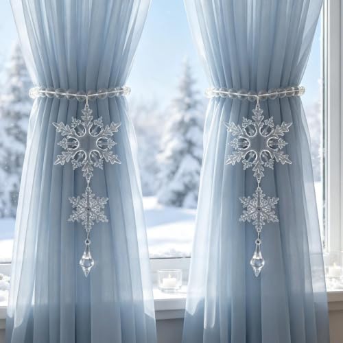 Snowflake Crystal Beaded Curtain Tiebacks - Magnetic Winter Decor Set of 2