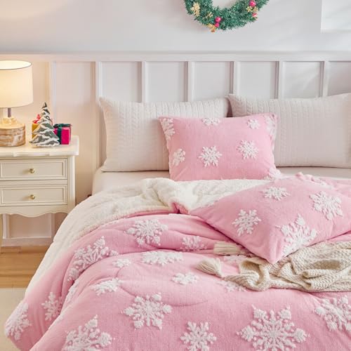 Pink Snowflake Queen Comforter Set Flannel Fleece Sherpa Winter Bedding