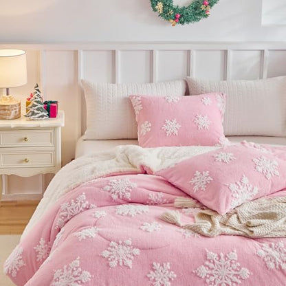 Pink Snowflake Queen Comforter Set Flannel Fleece Sherpa Winter Bedding