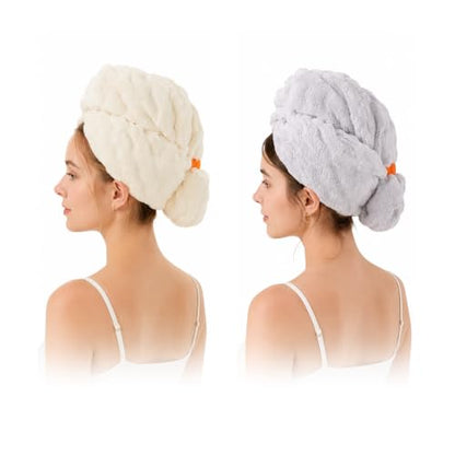 Microfiber Hair Drying Towel 2Pack Large Size with Elastic Band - Beige & Gray