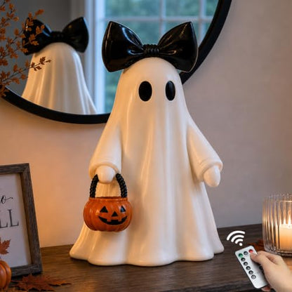 Large Lighted Ghost Figurine with Pumpkin Lantern & Remote Timer - White, 14 Inch - Variation: Ghost with Pumpkin-White