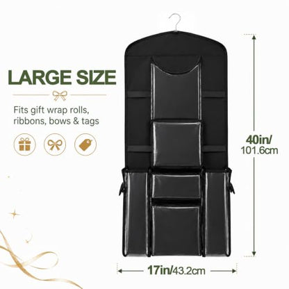 Large Double-Sided Hanging Gift Wrap Organizer with Pockets - Black