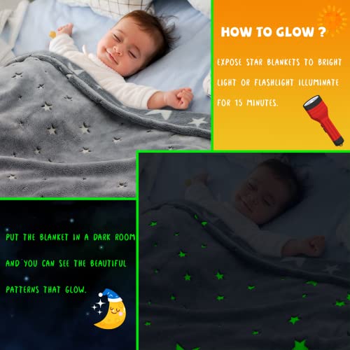 Glow in the Dark Star Space Blanket for Kids - Fluorescent Stars, 50 x 60 inches, Soft Fuzzy Galaxy Throw for Boys and Girls