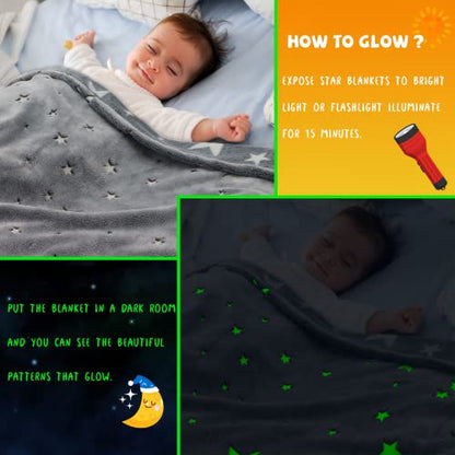 Glow in the Dark Star Space Blanket for Kids - Fluorescent Stars, 50 x 60 inches, Soft Fuzzy Galaxy Throw for Boys and Girls