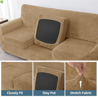 Luxury Velvet Sofa Cover for 3-Seater Couch - Camel, Heavyweight & Tailored Fit