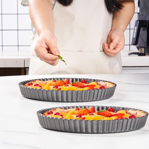 Meichu 9 inch Tart Pans with Removable Bottom Set of 2, Non stick Round Fluted Cake Pans for Baking Pizza Fruit Mousse Christmas Dessert.