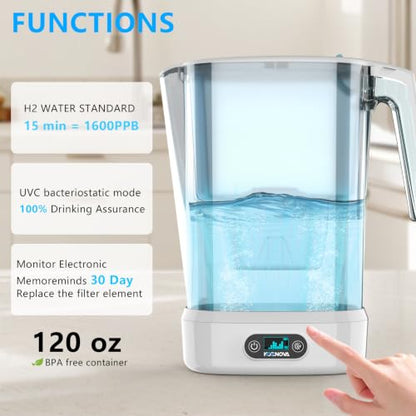 White Hydrogen Water Filter Pitcher BPA Free Electrolysis Jug with SPE/PEM - Removes Lead Microplastics Chlorine