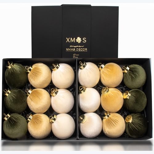 Velvet Christmas Ornaments Set - Large Flocked Shatterproof Baubles in Gold, Green, White, 3 Inch / 8 cm
