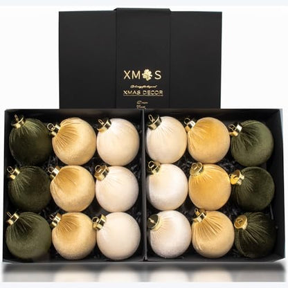 Velvet Christmas Ornaments Set - Large Flocked Shatterproof Baubles in Gold, Green, White, 3 Inch / 8 cm