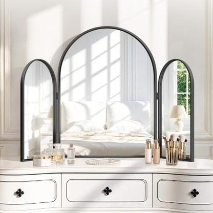 Black Arched Trifold Vanity Mirror 36x24 Inch Wall & Tabletop Makeup Mirror