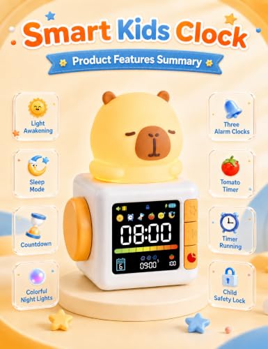 WANIDEA Capybara Kids Alarm Clock with Night Light & Sleep Timer - Cute Bedroom Decor