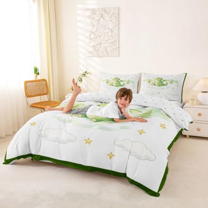 Castle Fairy Cute Dragon Duvet Cover Set Twin Watercolor Kids Bedding with Pillowcase - White Green