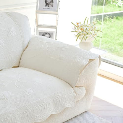 Cotton Quilted Sofa Cover for Sectional Couch - Cream, 43.3 x 94.5 Inches - Non-Slip Design